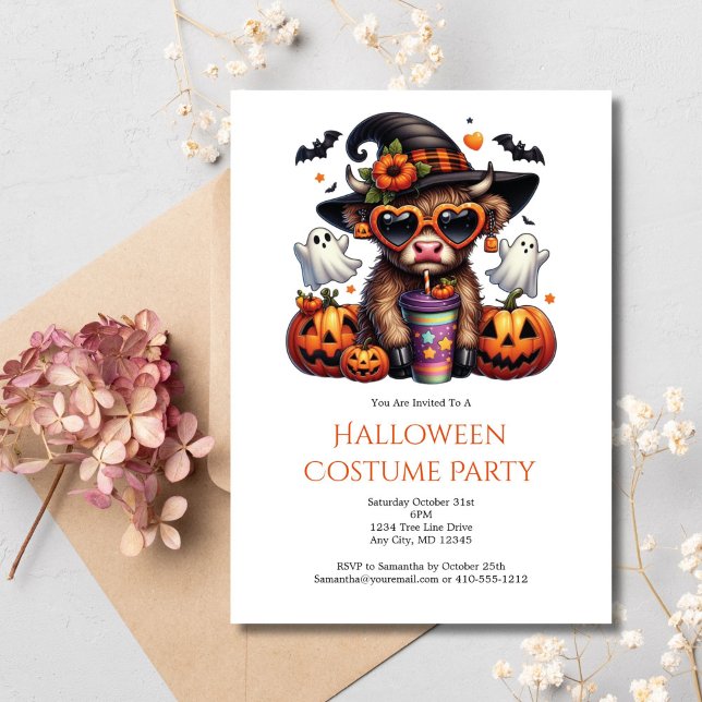 Invitación Diferente y divertida fiesta de Halloween del café (Highland Cow Halloween Party Invitation Cute Funny for Kids or Adults. Digital or Printed. )