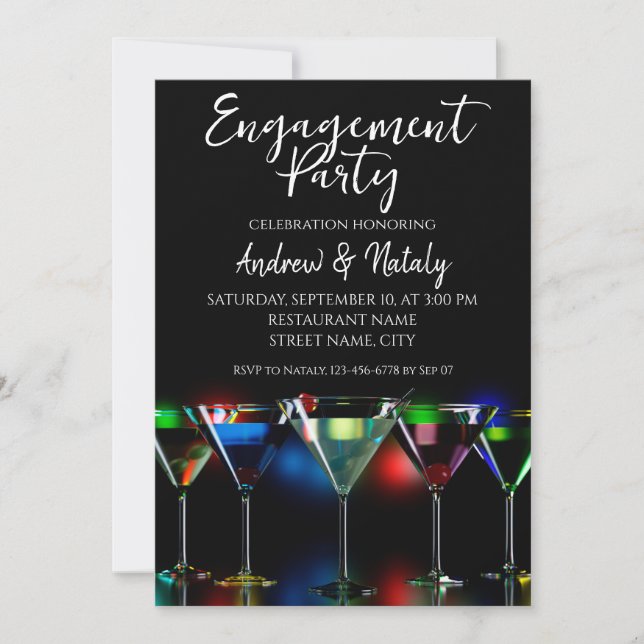 Invitación Diferentes cócteles en copas de martini con luces (Anverso)