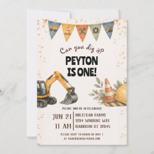 Invitación Dig It Construction Primer Cumpleaños 