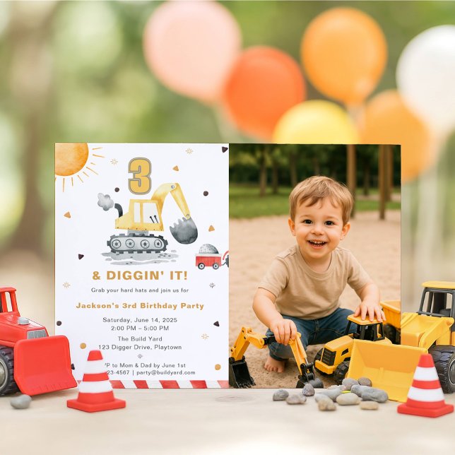 Invitación Digger Truck Construction 3rd Birthday Party Photo (Subido por el creador)