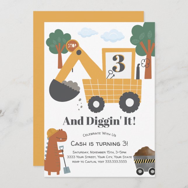 Invitación Diggin' It Construcción Tema Fiesta de cumpleaños (Anverso / Reverso)