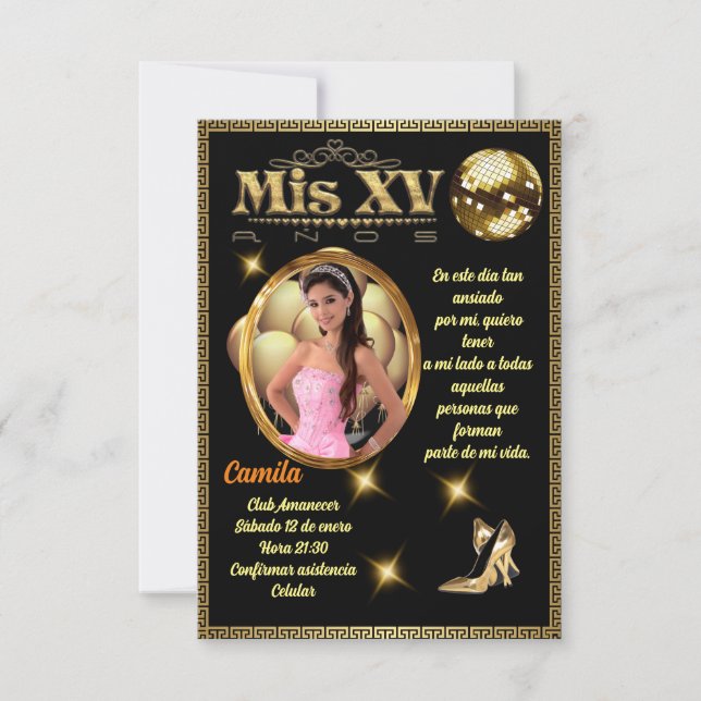 Invitación  digital 15th birthday card, black and gold (Anverso)