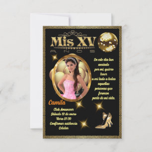 Invitación  digital 15th birthday card, black and gold