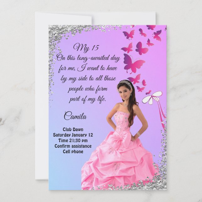 Invitación digital 15th birthday card, flower and butterfly  (Anverso)