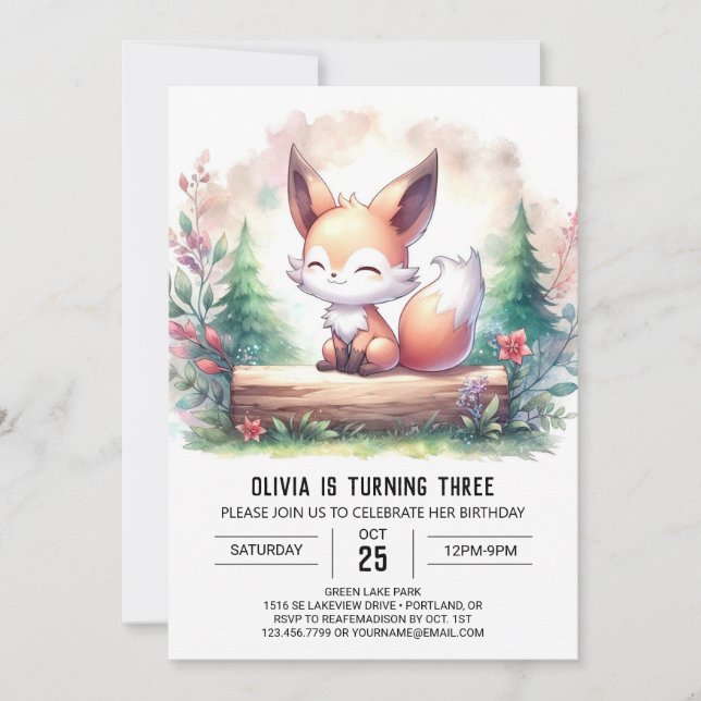 Invitación Digital Adorable Moderno Fox Birthday (Anverso)