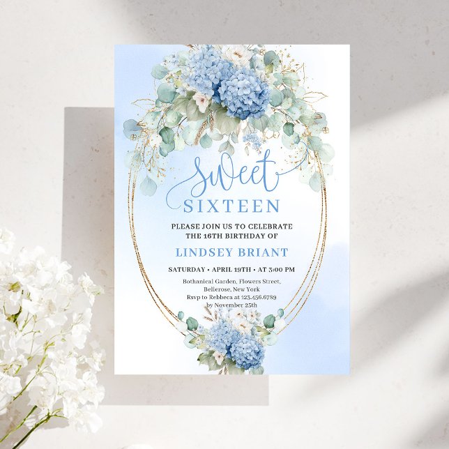 Invitación Digital Blue Hydrangea Gold Sweet Sixte (Digital Blue Hydrangea Gold Sweet Sixteen Invitation)