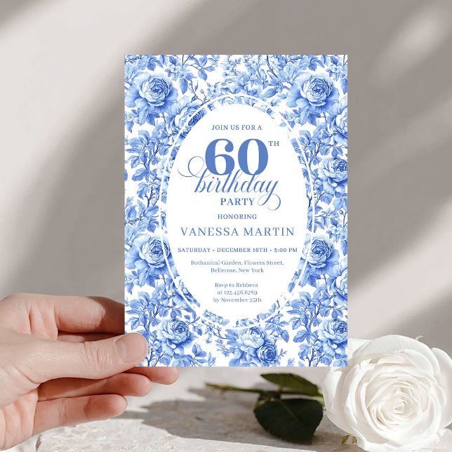 Invitación digital de cumpleaños 60 Modern Blue To (Modern Blue Toile Roses 60th Birthday Invite Digital

)