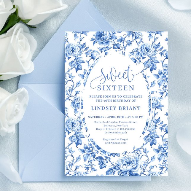 Invitación digital de cumpleaños con elegantes ros (Elegant navy toile roses digital birthday invite sweet sixteen

)