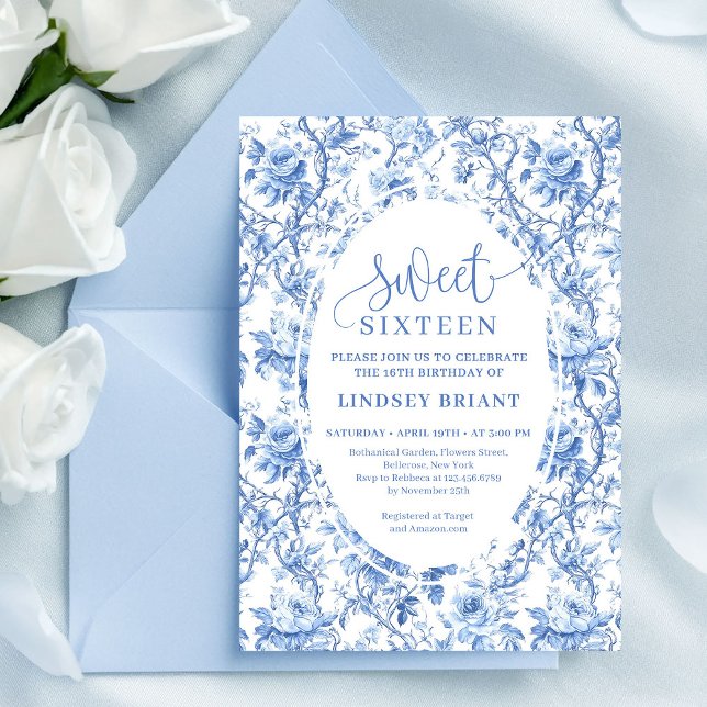 Invitación digital de flores rosas azules para cum (Blue Roses Digital Floral 16th Birthday Invitation)