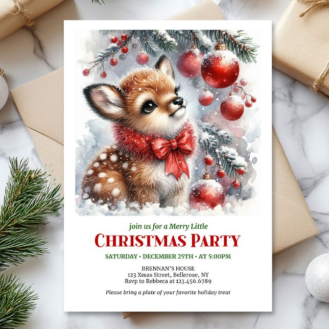 Invitación digital de Navidad con acuarela de cerv (Sweet baby deer watercolor Christmas invite editable template)