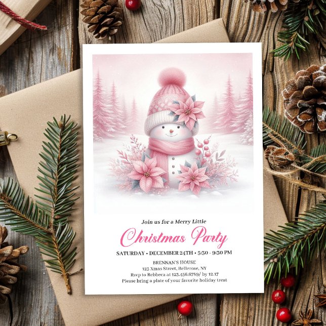 Invitación digital de Navidad de muñeco de nieve r (Dreamy Pink Snowman Digital Christmas Invite for Kids)