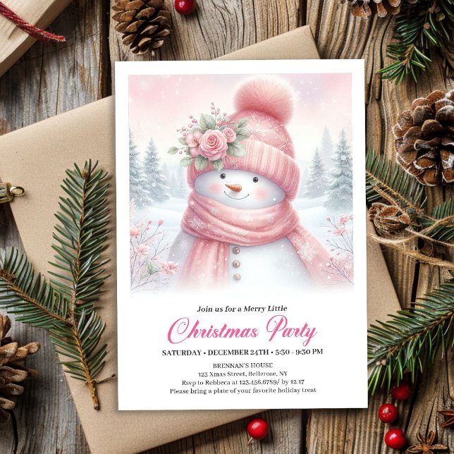 Invitación digital de Navidad de muñeco de nieve r (Whimsical Pink Snowman Digital Christmas Invite for Kids)