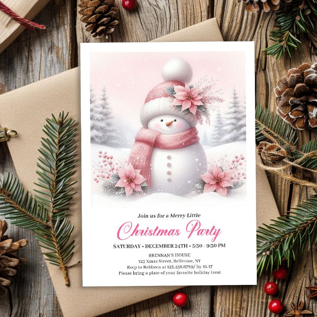 Invitación digital de Navidad de muñeco de nieve r (Whimsical Pink Snowman Digital Christmas Invite for Kids)