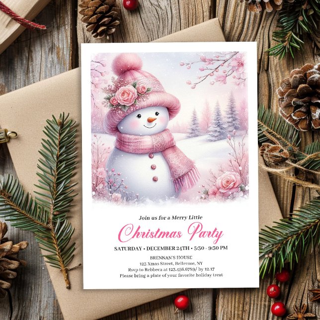 Invitación digital de Navidad para niños con muñec (Sparkling Pink Snowman Kids Christmas Invite Digital File)