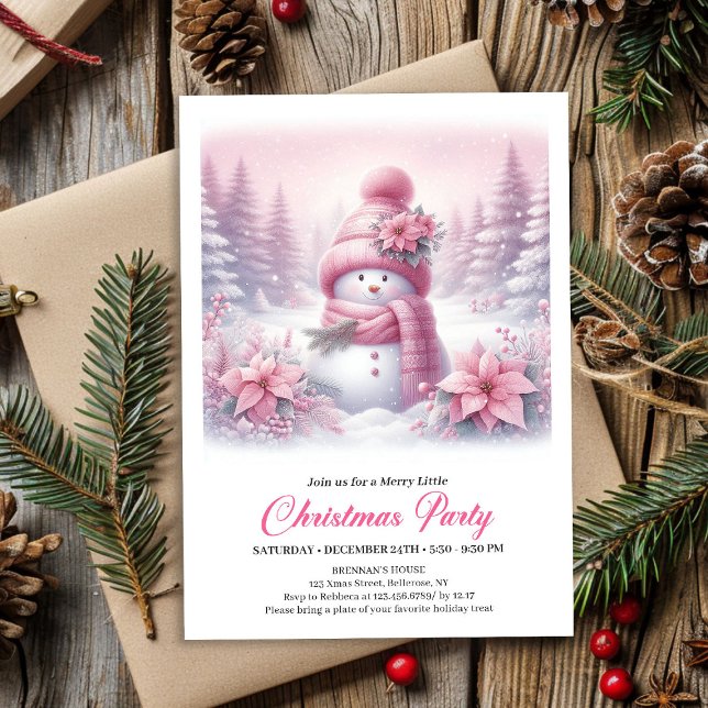 Invitación digital de Navidad para niños con muñec (Angelic Pink Snowman Digital Christmas Invite for Children)