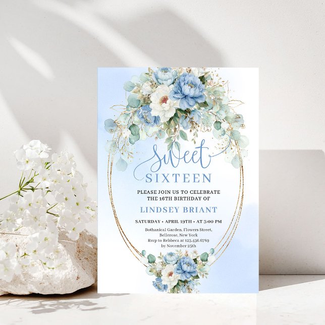 Invitación Digital Dusty Blue Peony Gold Sweet Sixteen Invite (Digital Dusty Blue Peony Gold Sweet Sixteen Invitation)