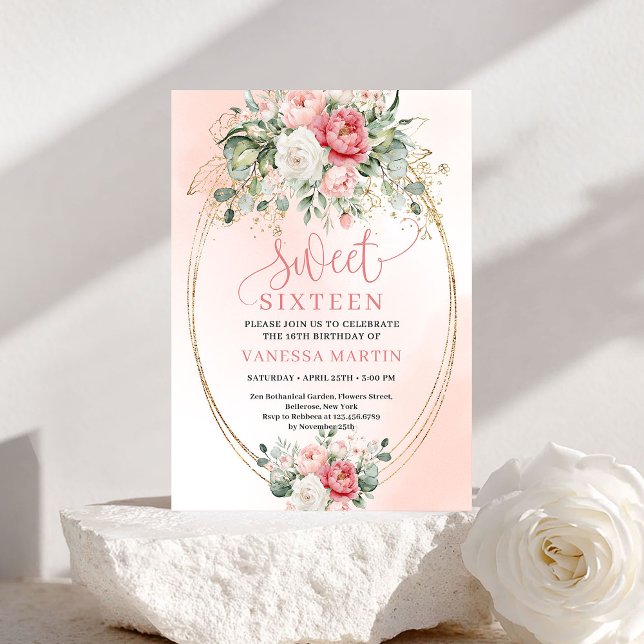 Invitación digital editable de dulces dieciséis en (Editable Digital Blush Gold Sweet Sixteen Invitation)