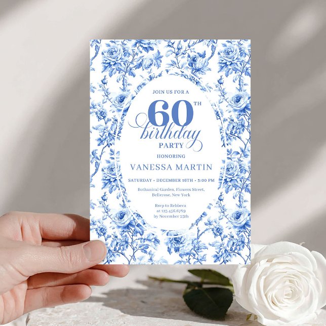 Invitación digital elegante de cumpleaños 60 Navy  (Elegant Navy Toile Roses 60th Birthday Invite Digital

)