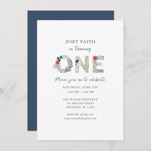 Invitación Digital Floral 1ª fiesta de cumpleaños de niñas (Anverso / Reverso)