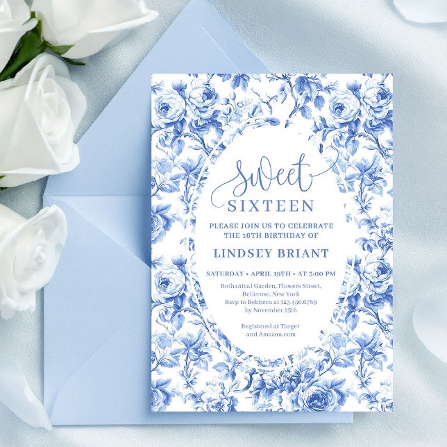 Invitación digital floral azul real para cumpleaño (Royal Blue Digital Floral 16th Birthday Invite)