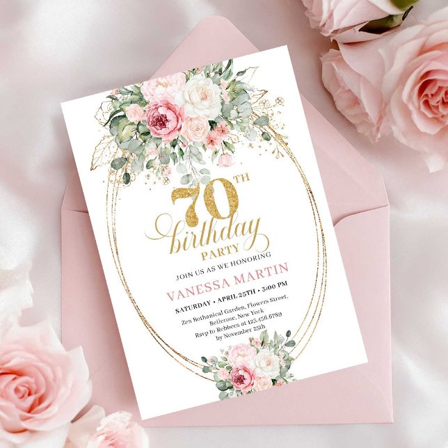 Invitación digital floral Boho Blush para 70 cumpl (Boho Blush Floral Digital 70th Birthday Invitation)