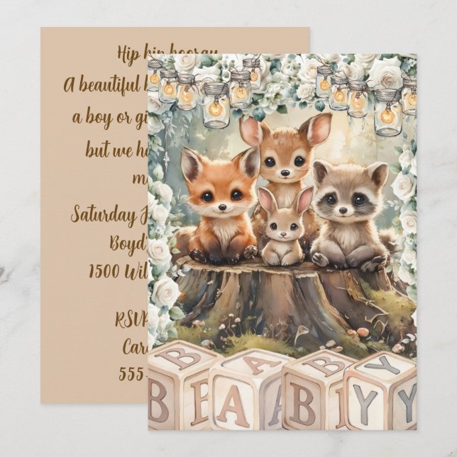 Invitación digital para baby shower de animales de (Anverso / Reverso)