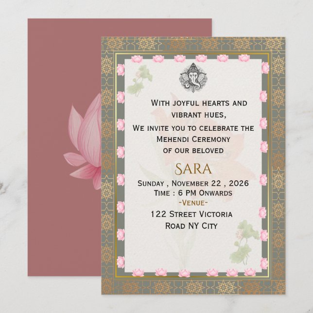 Invitación digital para la ceremonia de Mehendi en (Anverso / Reverso)
