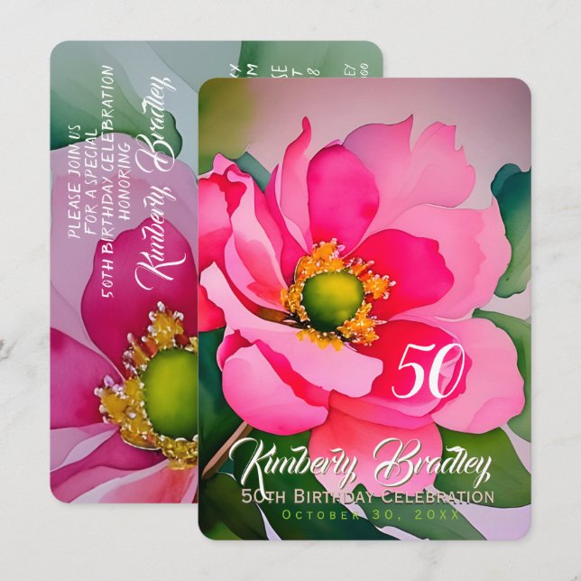 Invitación Digital Peony F acuarela 50º cumpleaños I (Anverso / Reverso)