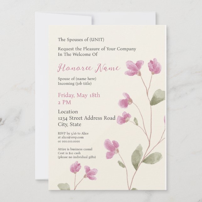 Invitación digital rosada de bienvenida a cónyuge (Anverso)