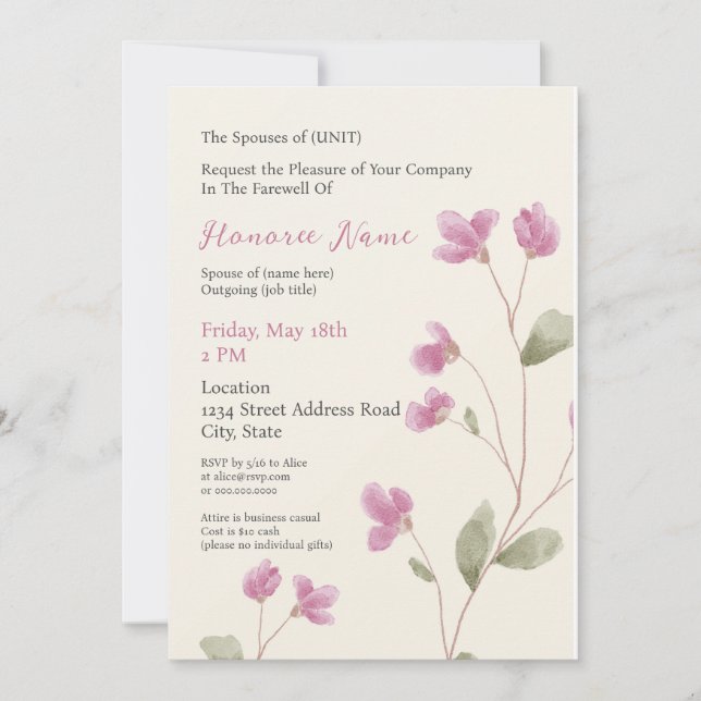 Invitación digital rosada de despedida a cónyuge (Anverso)