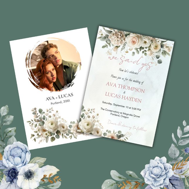 Invitación Dijimos Que Sí, Rubor Y Dusty Rosa Boda Floral (We Said Yes Blush & Dusty Rose Floral Wedding Invitation)