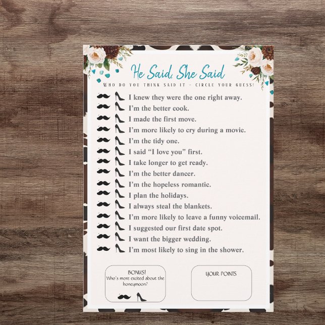 Invitación Dijo, Ella dijo juego de boho de la ducha de novia (He Said, She Said Bridal shower boho Game)