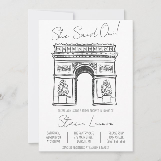 Invitación Dijo Oui Paris, Arco de Triunfo, Ducha de Novias (Anverso)