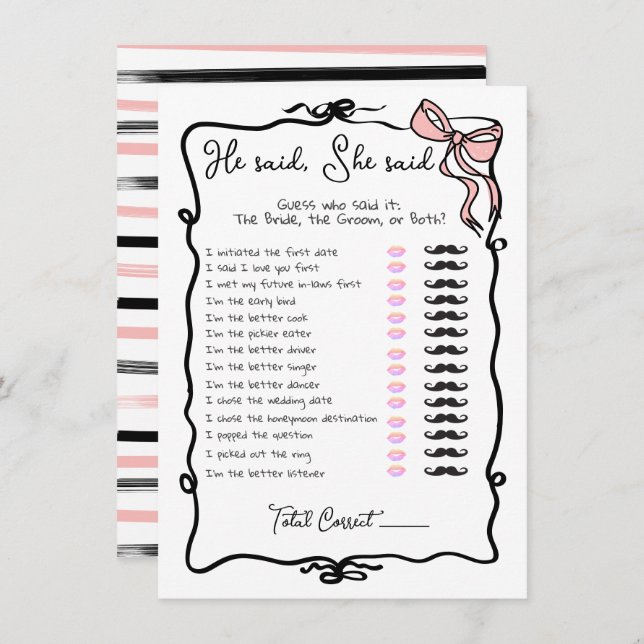 Invitación Dijo que dijo que el juego Hand Drawn Bow Bridal S (Anverso / Reverso)