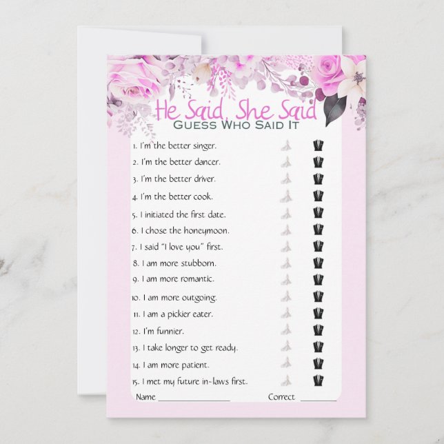 Invitación Dijo Que Dijo Que Era Un Juego De Ducha De Novias (Anverso)