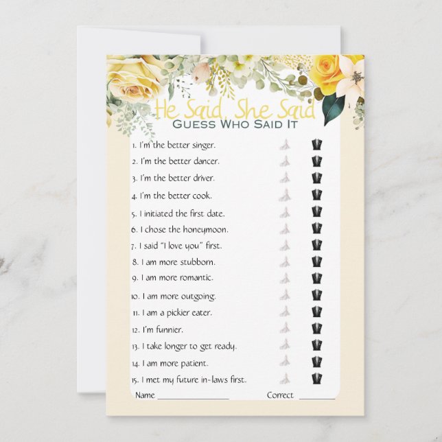 Invitación Dijo Que Dijo Que Era Un Juego De Ducha De Novias (Anverso)