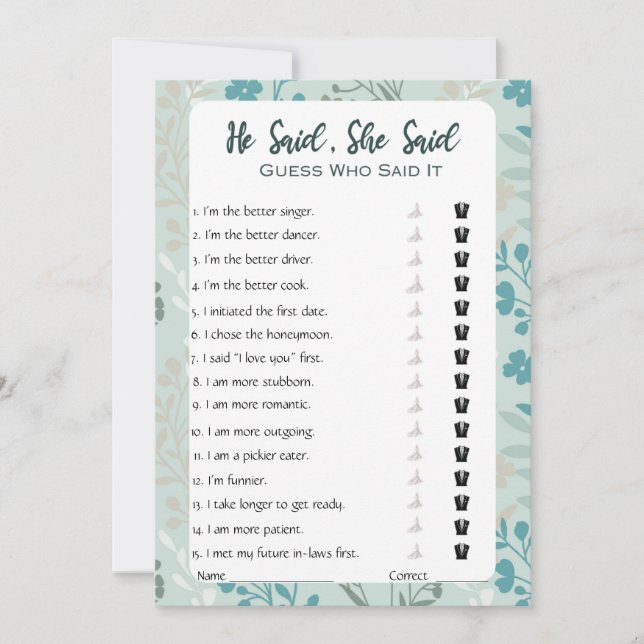 Invitación Dijo Que Dijo Que Era Un Juego De Ducha De Novias (Anverso)