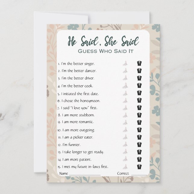 Invitación Dijo Que Dijo Que Era Un Juego De Ducha De Novias (Anverso)