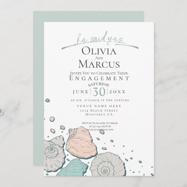Invitación Dijo Que Sí, Seashell Engagement Coral Verde azula (Anverso / Reverso)