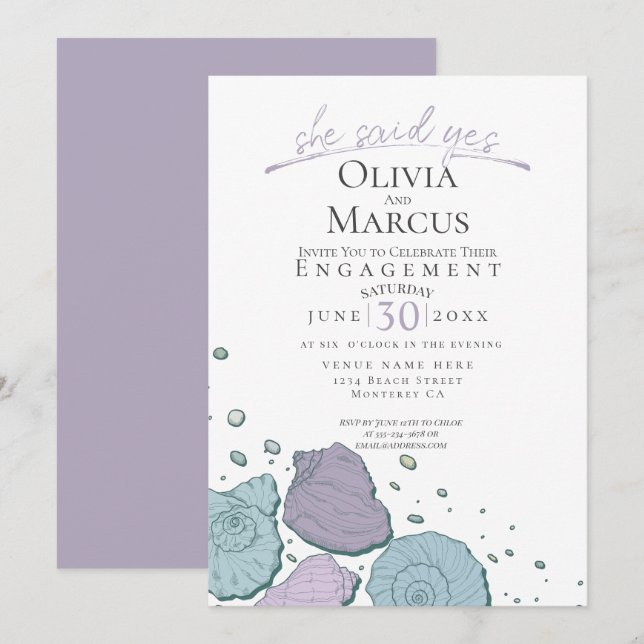 Invitación Dijo Sí Compromiso Con La Marea Lilac Dusty Blue (Anverso / Reverso)