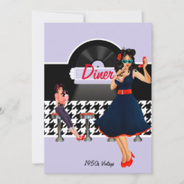 Invitación Diner lavender a cuadros negros y blancos de los a