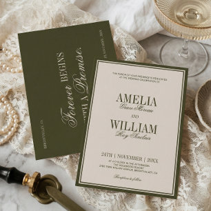 Invitación Dinero Antiguo Lujo Clásico Verde Oliva Crema Boda