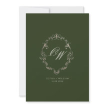 Dinero Antiguo Verde Oliva Elegante Monograma Boda