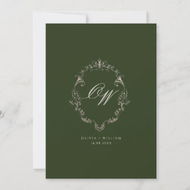 Invitación Dinero Antiguo Verde Oliva Elegante Monograma Boda