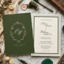 Dinero Antiguo Verde Oliva Elegante Monograma Boda