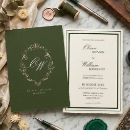 Invitación Dinero Antiguo Verde Oliva Elegante Monograma Boda