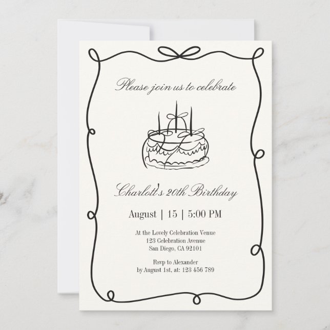 Invitación Dinero viejo, pastel de cumpleaños dibujado a mano (Anverso)