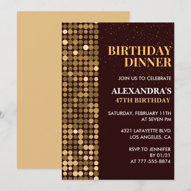 Invitación Dinner Brillo Glam Negro Oro Cumpleaños 47 (Anverso / Reverso)