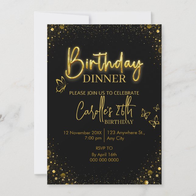 Invitación Dinner de Cumpleaños Luz Dorada (Anverso)
