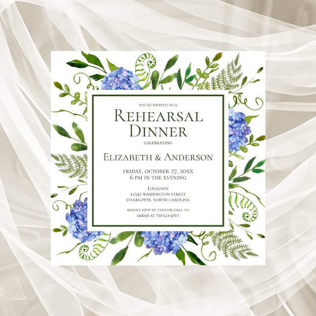 Invitación Dinner de ensayo de acuarela floral de Hortensias  (Subido por el creador)